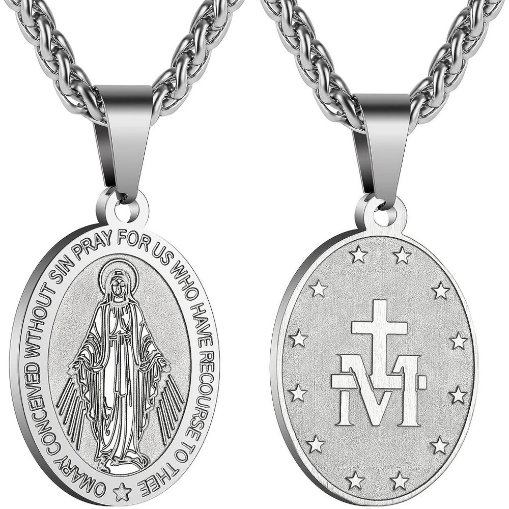Men Miraculous Medal Stainless Steel Mary Mother of God Pendant Necklace